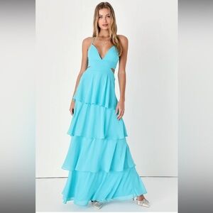 Lulus Tier and Now Blue Tie-Back Tiered Maxi Dress